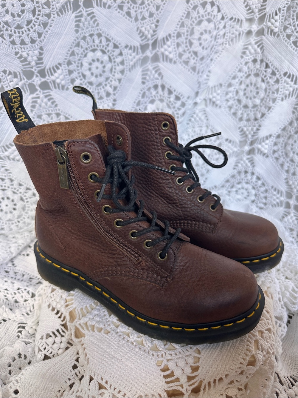 Dr. Martens 1460 Pascal W/Zip Dark Brown Grizzly Leather Boots Women's Size 7